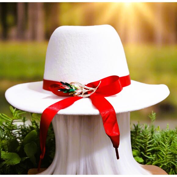 Fedora Hat White Outside Red Inside design with Red Ribbon and Brooch - Picture 5 of 6